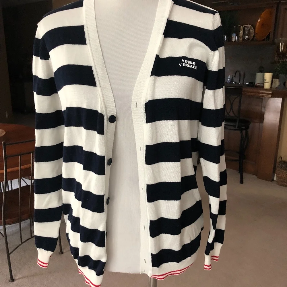 Versace Black White Striped Sweater with Red Medusa Knit